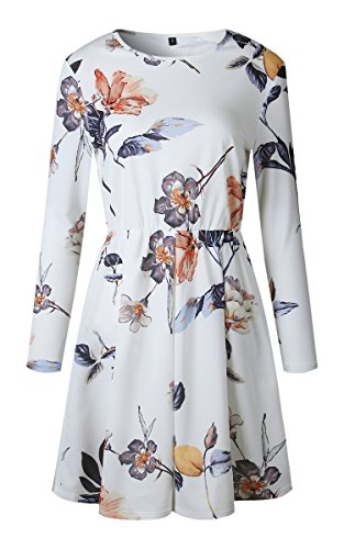 Angashion Womens Dresses Casual Floral Print Long Sleeve Swing Pleated Skater A Line Mini Dress,White,Small