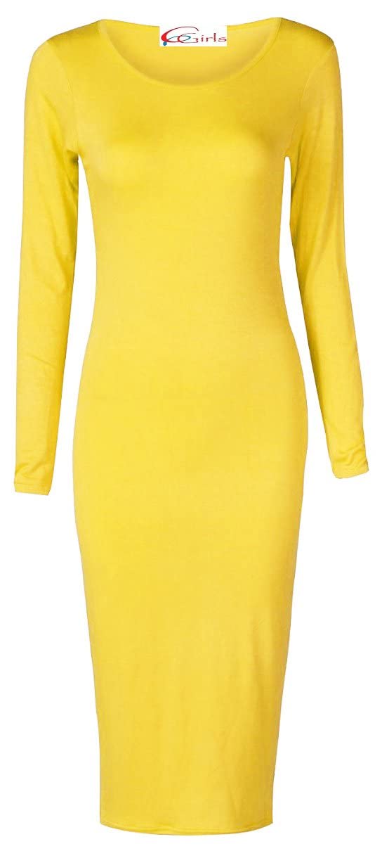 Crazy Girls Girls Yellow Crazy Womens Plain Long Sleeve Scoop Neck Stretch Bodycon Maxi Midi Dress (Xxl-Uk20-22, )