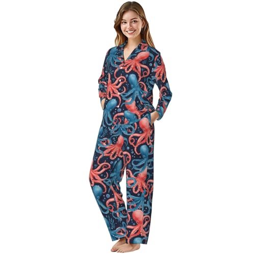 Image of Women'S Long Sleeve Pajama Set Soft Loungewear Button-Down Top & Elastic Waist Pants S- 2XL