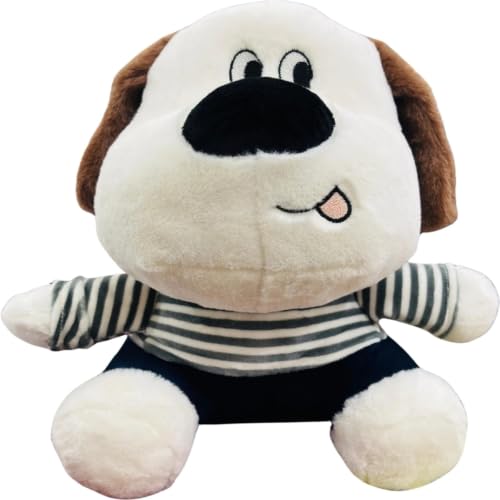 Image of Cute White Dog Soft Toy with Striped T-Shirt, Ultra-Soft Plush Stuffed Animal for Kids, Cuddly Puppy Toy for Boys and Girls, Durable & Washable, 32cm