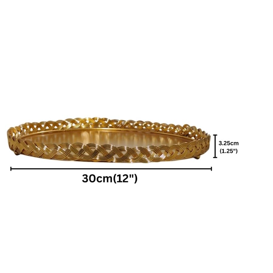 Image of Luxury Gold Round Decorative Serving Tray - 12-Inch Ornate Braided Metal Vanity Tray with Mirror-Finish for Coffee Table, Ottoman, Home Decor - Ideal for Afternoon Tea, Jewelry, or Dessert Display