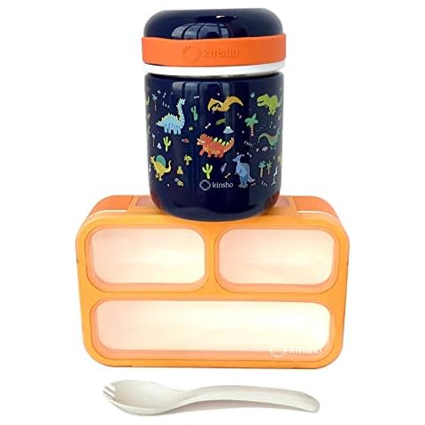 Kids Soup Thermal & Bento Lunch Box, Insulated Stainless Steel Wide Mouth Hot Food Jar & Small Lunchbox, Toddlers Boys Pre-School Daycare Leakproof Vacuum Seal Container 10 oz Blue Orange Dinosaur Cover