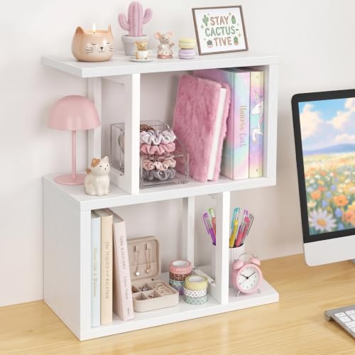 IGERI Small Desktop Bookshelf for Top of Desk Shelf - Mini White Table Bookcase 3-Tier Shelves Storage Book Organizer Hutch for Dorm Office College