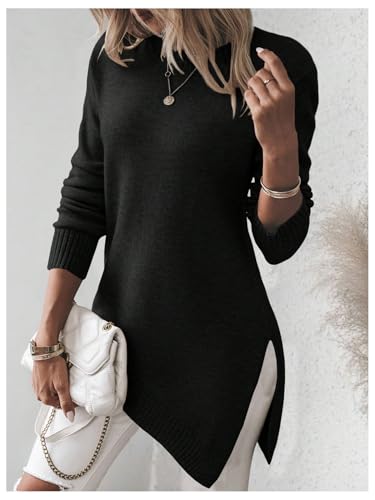 Image of GORGLITTER Women's Split Asymmetrical Hem Sweater Long Sleeve Crewneck Knit Pullover Tops Black Small