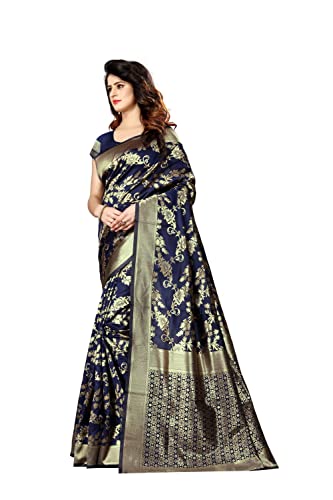 Image of C J Enterprise Women's Pure Kanjivaram Silk Saree Soft Saree Banarasi Style New Sadi With Blouse Piece For Wedding (Pari37-11) (Navy Blue)