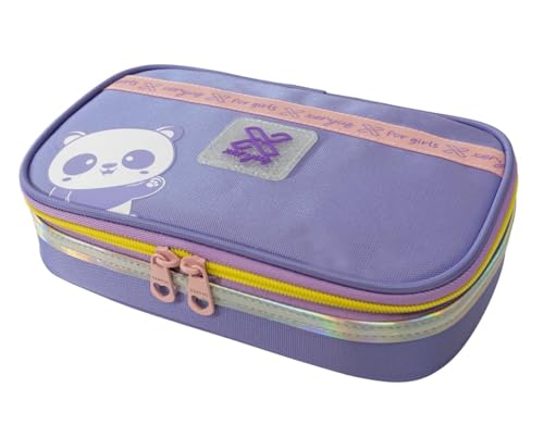 Kit Mochila Rodinhas Holográfica Com Lancheira Térmica E Estojo Box Escolar Panda Roxo Infantil Juve