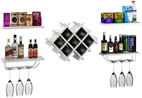 TANGZON Wall Mounted Wine Rack, Wine Glass Holder with 4 Shelves & Middle 7 Bottles Rack, Drinks Champagne Storage Display Unit for Home, Kitchen, Dining Room and Bar (White)