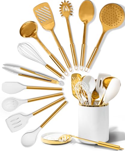 White and gold 13-piece cooking utensils set
