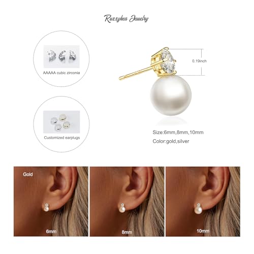 925 Sterling Silver Post Pearl Earrings Gold/Silver CZ Diamond Pearl Stud Earrings Bridesmaid Wedding Earrings Women Jewelry Gifts 6mm/8mm/10mm4
