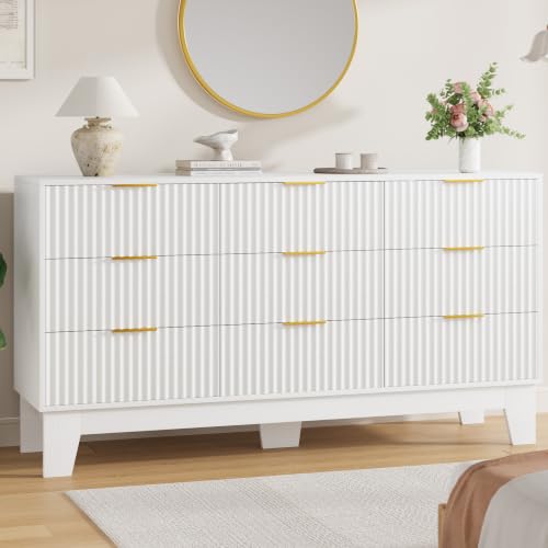 Image of Garvee 9 Drawer Dresser for Bedroom, 59 inch Wide Fluted Chest of Drawers with Metal Handle, Modern Wooden Dresser TV Stand, Clothes Storage Organizer Wood Closet for Hallway, Entryway, White