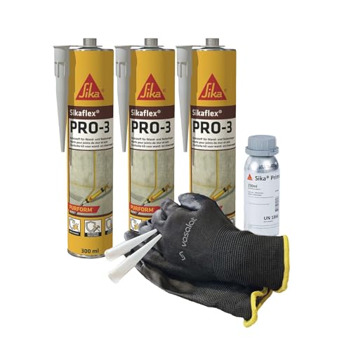 Sikaflex PRO-3 betongrau 3x 300ml Dichtstoff für Fugen - mit Aktivator 205 und Primer 210 zur Abdichtung von Buntmetall mit 5 Düsenspitzen