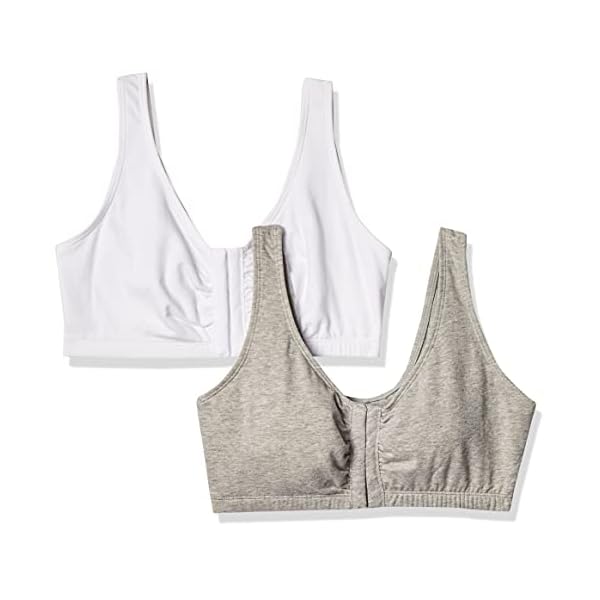 Fruit of the Loom Women's Front Close Builtup Sports Bra, Heather Grey/White 2-Pack, 36