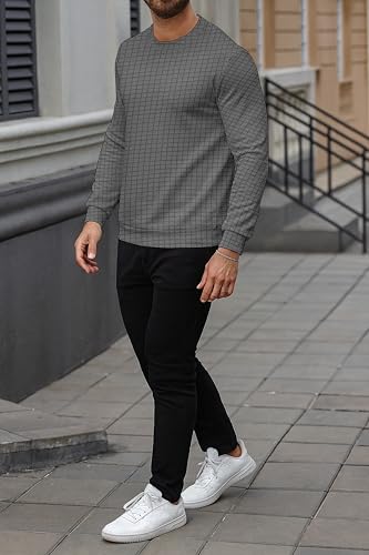 Image of KAJARU Quilted Pattern Long Sleeve Sweatshirt, Round Neck, Men's Casual Pullover, Grey, Black, Beige