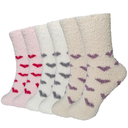 Image of Chiclinco 6 Pairs Heart Fuzzy Socks Cozy Winter Warm Socks Thick Fluffy Slipper Socks for Women Teen Girls