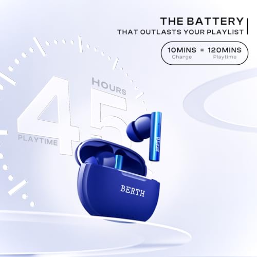 Image of BERTH X50 Wireless Earbuds 45H Playtime, Dual Pairing, 13mm Speakers, ENC, IPX5, 45ms Low Latency True Wireless Bluetooth, Fast Charging, Bluetooth Wireless Earbuds (Blue)