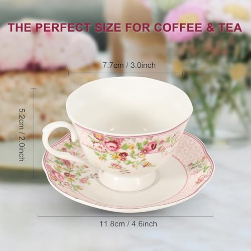 Cup and Saucer Sets of 2 with Spoon, 8 OZ Large Coffee Espresso Teacup New Bone China Floral Vintage Cup & Saucer Sets Porcelain Tea Latte Mugs -Microwave Dishwasher Safe