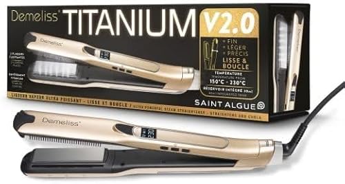 Demeliss - Lisseur Vapeur Titanium V2.0 - Plaques Flottantes Fines, Légères et Ergonomiques - Vapeur Ultra Puissante - Fer à Vapeur 2 en 1 Lisseur/Boucleur - Tous Types de Cheveux