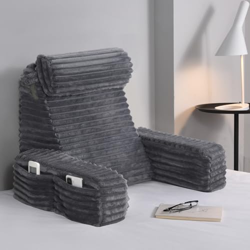 Image of ENITYA 19” Back Pillow for Bed Sitting up, Built-in Armrests & Big Pockets, Back Support Chair Pillow for Sitting up/Watching TV/Reading/Gaming/Resting/Post Surgery/Nursing