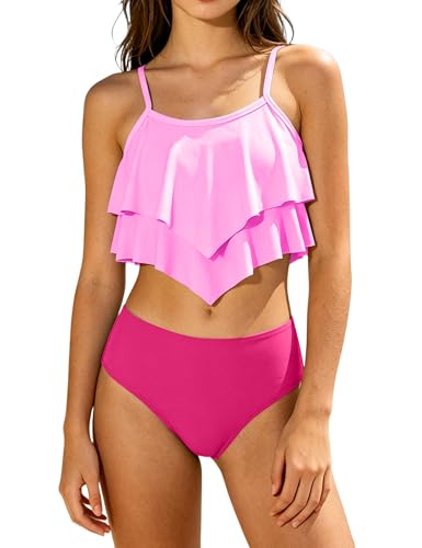 Image of oklady Girls Swimsuit 2 Piece Bikini Set Tiered Ruffled Bathing Suit Adjustable Straps Girls' Swimwear