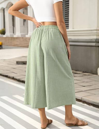 Image of TARSE Women Wide Leg Capri Pants Loose Gingham Plaid Culottes Summer Elastic Waist Palazzo Trousers Bottoms with Pockets