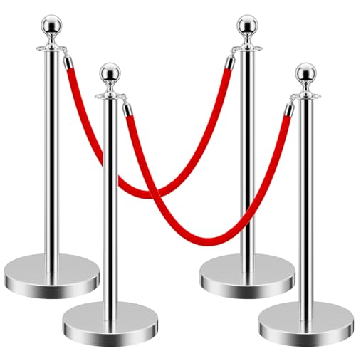 Image of LOVMOR Crowd Control Stanchion, Rope Safety Barriers with 5 ft Red Rope, Red Carpet Poles for Theaters Hotels Clubs Party Ceremony, 4PCS