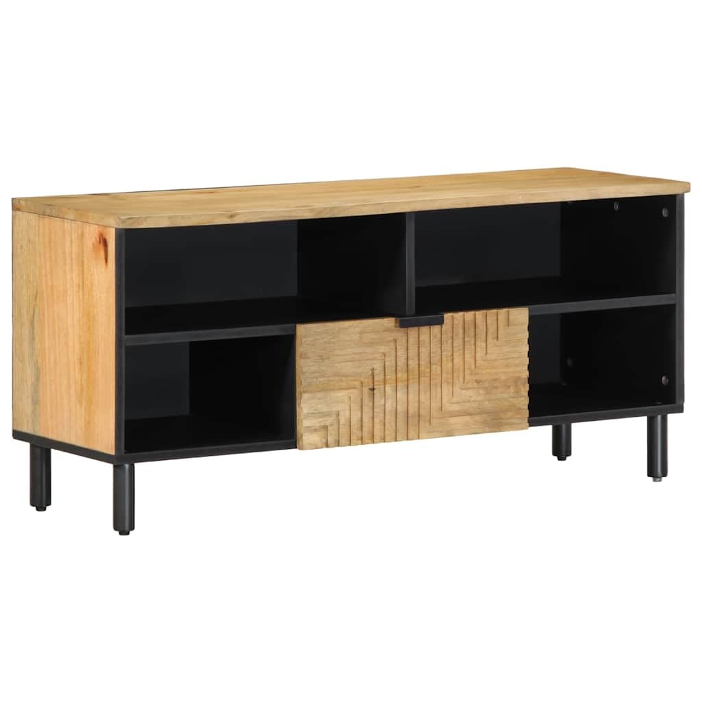 TV-Schrank Mangoholz Massiv 100x33x46 cm Braun | Rustikales Lowboard für Wohnzimmer und Schlafzimmer mit CNC-Front und 10 cm Metallbeinen für einfache Bodenreinigung.