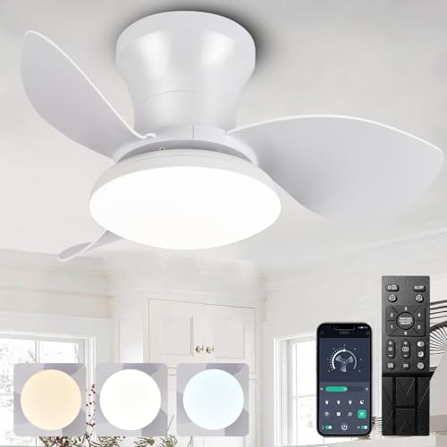 Ventilador Techo Pequeño Con Luz Silencioso Y Mando 65cm Lampara Ventilador Techo Dormitorio 3 Aspas Dc Habitación Pequeña Modernos LED Regulable 6 Velocidades Con Temporizador-White
