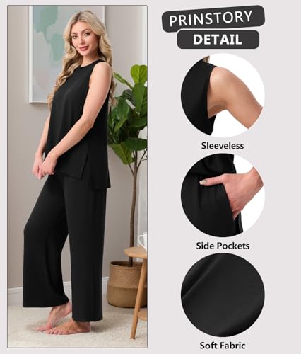 Image of PrinStory Womens Pajamas Sets 2 Piece Soft Pjs for Women Sleeveless Pajama Set Summer Loungewear with Pockets