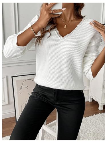 Image of GORGLITTER Women's Bow Knot Sweaters Lace Trim Long Sleeve Ribbed V Neck Sweater Pullover