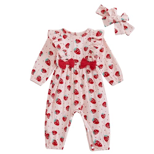 Infant Baby Girls Romper Strawberry Print Bow Long Sleeve Ruffle Full Length Jumpsuit Cute Headband 2Pcs Sets