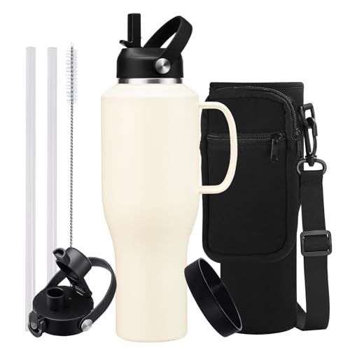 Image of Water Bottle 40oz with Handle Insulated,LeakProof Stainless Steel Tumbler with Lid and Straw, Thermal Cups w /Carrier Pouch with Strap & Protective Boot, Thermo Coffee Flask Fit in Cup Holder