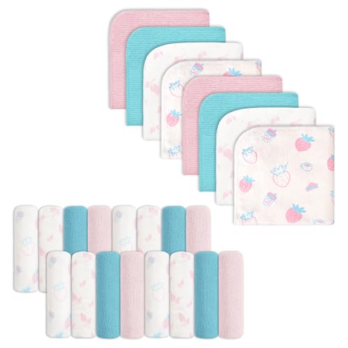 Image of Softan Baby Washcloths, 24Pack Baby Wash Cloths Extra Soft & Ultra Absorbent, Baby Towels Face Towel Unisex for Boys Girls Face & Body, Washclothes Gentle on Sensitive Skin, 9''x 9'' Strawberries