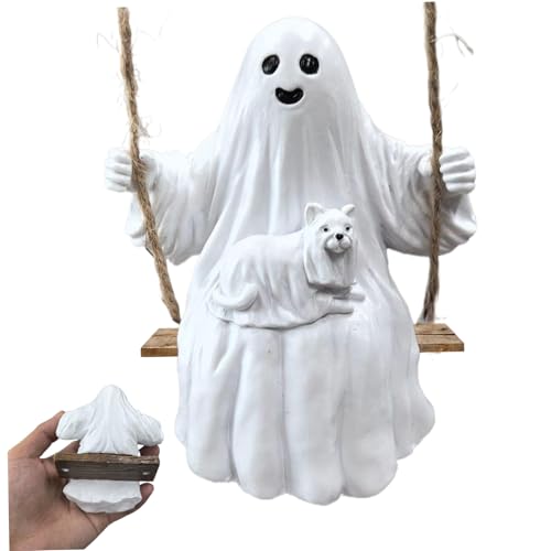 Swing Ghost Figurine Funny Spooky Ghost Statue Resin Hanging Halloween Decoration for Party, Tree, Garden, Yard Figurine