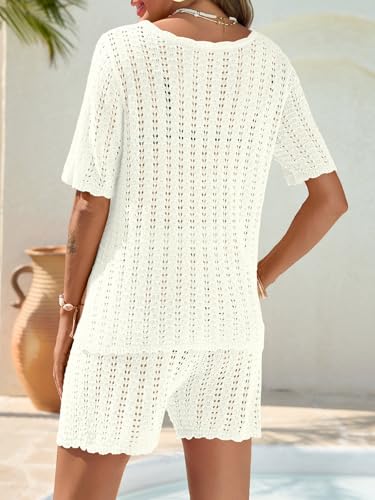 Saodimallsu Womens Crochet Swimsuit Cover Up Short Sleeve V Neck Knit Cardigan Shorts Sets 2 Piece Beach Outfits — view 6
