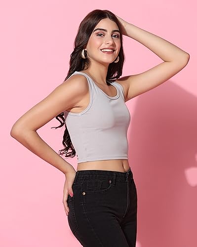 Image of TOPLOT Women's Solid Ribbed Round Neck Sleeveless Slim Fit Tank Top (5069)