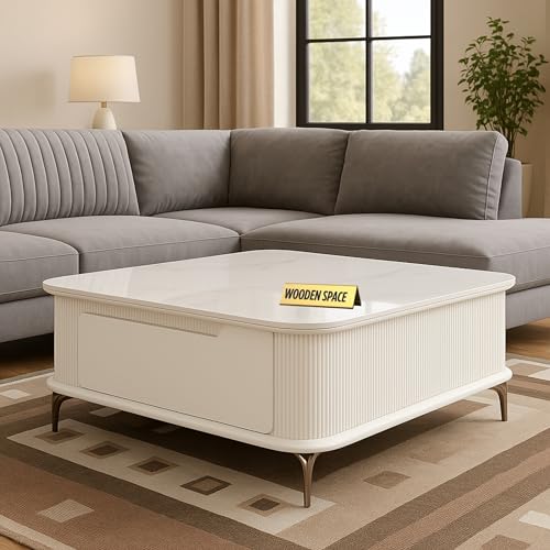 Image of WOODEN SPACE Premium Solo Marble-Top Wooden Center Table for Living Room | Iron Legs | PVD Coating | Modern Entryway Furniture | Coffee Table (White)