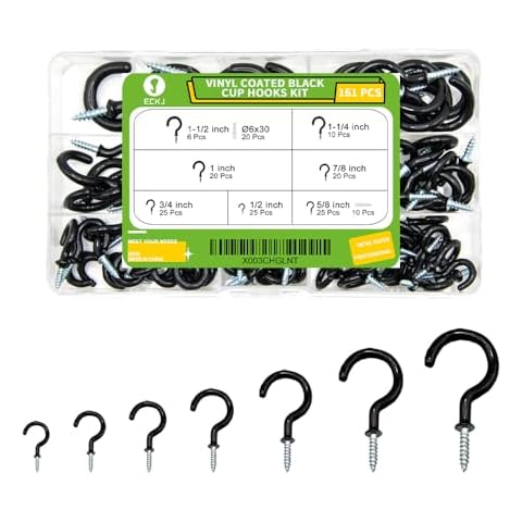 ECKJ 161pcs Ceiling Hooks Assortment Kit, Vinyl Coated Cup Hooks, Screw-in Hooks for Hanging Plants in Wall, Lights, Wind Chimes, Kitchen Utensils, Jewelry(Black) Cover