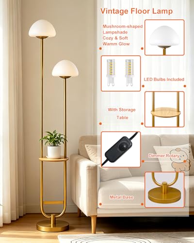 Image of 2-Light Gold Dimmable Floor Lamp with Table, Modern Floor Lamps for Living Room, 3000K Warm White Tall Standing Lamp with Mushroom Shades & Bulbs for Bedroom /Office