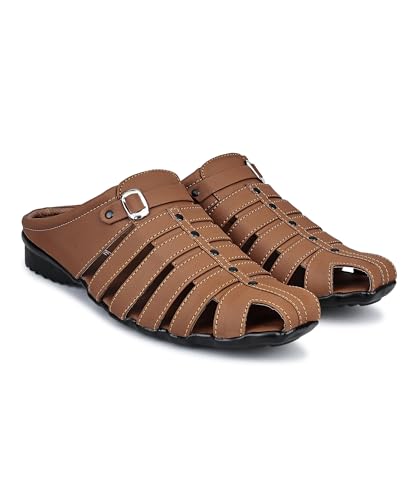 Image of Men's Fashion Sandals - Comfortable Fisherman, Premium PU Padding, Synthetic Leather, Closed-Toe Summer Outdoor Sandals, Tan - Stylish and Durable Footwear