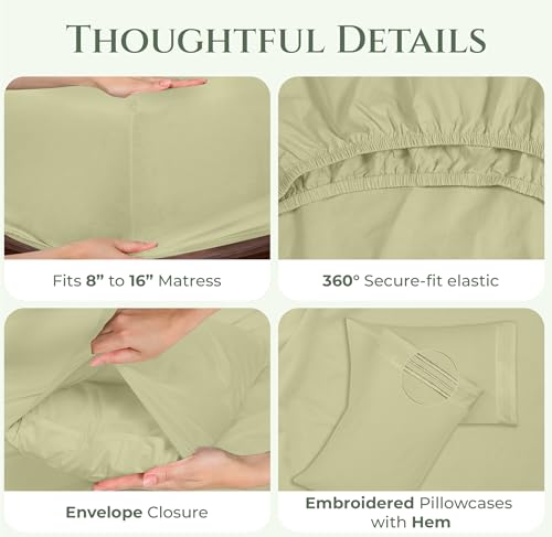 Image of ROYALE LINENS 100% Organic Cotton Twin Sheet Set - 16 inch Deep Pocket Bed Sheets - Sage Green Bed Sheets - Sabanas Twin - 1 Flat, 1 Fitted & 1 Pillowcase - Sage Green Sheet Set - Cotton Bedding Sets