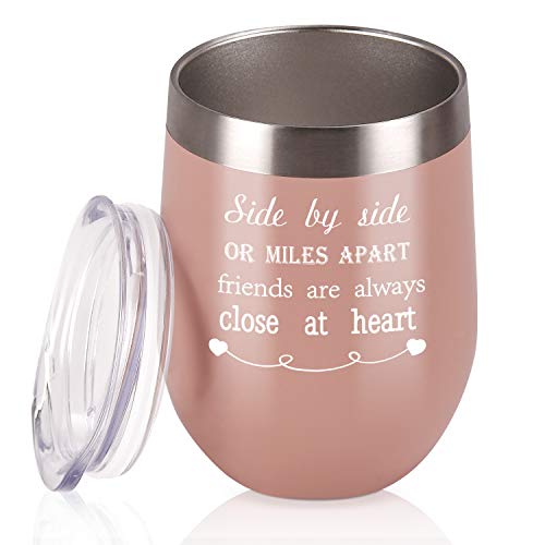 Side By Side or Miles Apart Friends Are Always Close at Heart Wine Tumbler with Lid and Straw, 12 Oz Stainless Steel Insulated Wine Tumbler Idea for Friends Girlfriend Coworker, Blush Gold
