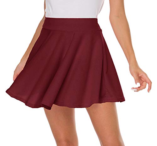 Sinono Basic Stretchy Solid Flared Casual Mini Pleated Skater Skirt (Medium, Wine Red)