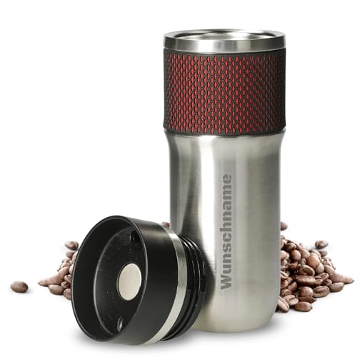 Personalisierbarer Edelstahl Thermobecher NEPTUN 450 ml - Push-Button-Verschluss auslaufsicher - BPA-frei Kaffeebecher to go - silber gebürstet