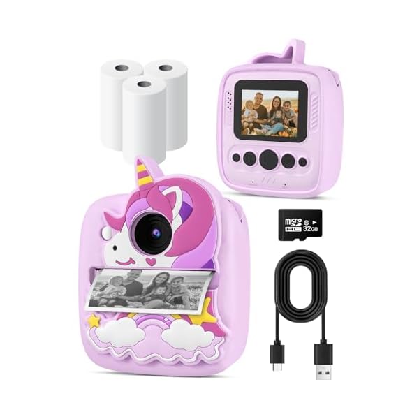 Instant Print Camera for Kids 3-12 Years, Thermal Print Kids Camera Toy is a Surprise Gift for Girls & Boys with 32G SD Card, 48 MP Photo, 1080P Video, 3 Rolls of Photo Paper (Purple)