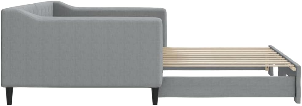 Daybed with Trundle Light Grey Fabric Upholstery Sturdy Platform Bed Frame for Bedroom and Guest Room Modern Minimalist Design Easy-Assembly Durable Foundation with Slatted Mattress-Support
