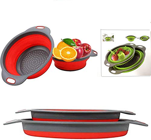 Collapsible colander 2 foldable kits DLD Food Grade Silicone Kitchen Strainer Space-saving foldable filter colander sizes 8-2 quarts 95 -3 quarts Red