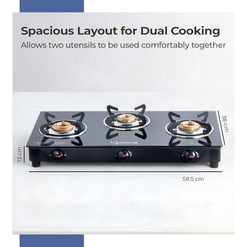 Image of Lifelong 3 Burner Gas Stove with Gas Lighter | Modern Glass Stove with 6mm Toughened Glass | High-Efficient Manual Ignition Cooktop | ISI Certified & LPG Compatible | 360 Flexible Gas Inlet (Black)