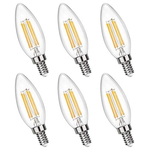 Akynite E14 LED Candle Bulbs Dimmable Warm White 2700K, 400LM, 4W Filament LED Equivalent E14 40W Incandescent, AC 220V C35 SES Small Screw Candle Light Bulb Clear for Chandelier, 6pcs Cover
