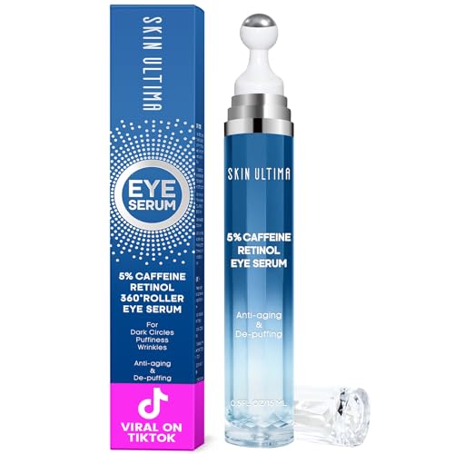 SKIN ULTIMA 5% Caffeine & Retinol Eye Serum and Under Eye Roller Cream with 360° Massage Ball Roller - Reduce Dark Circles, Puffiness, Wrinkles, Fine Lines, and Under-Eye Bags - 0.5 fl oz