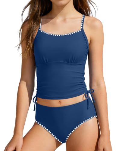 Image of Girls Swimsuit Solid Color Tankini Contrast Trim Swimwear 2 Piece Bathing Suit Padded Swimsuits for Teens 9-16Y